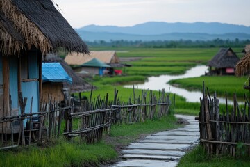 Fototapeta premium Serene Village Path Beside Rice Paddy Fields and River
