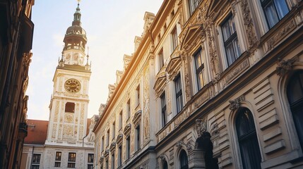 Obraz premium Majestic Clock Tower and Ornate Buildings in European Cityscape under Golden Sunlight