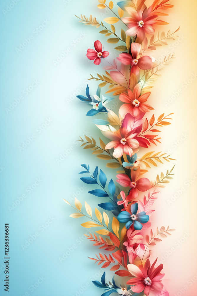 Poster colorful floral elements cascade in a flowing pattern creating a harmonious arrangement against a so
