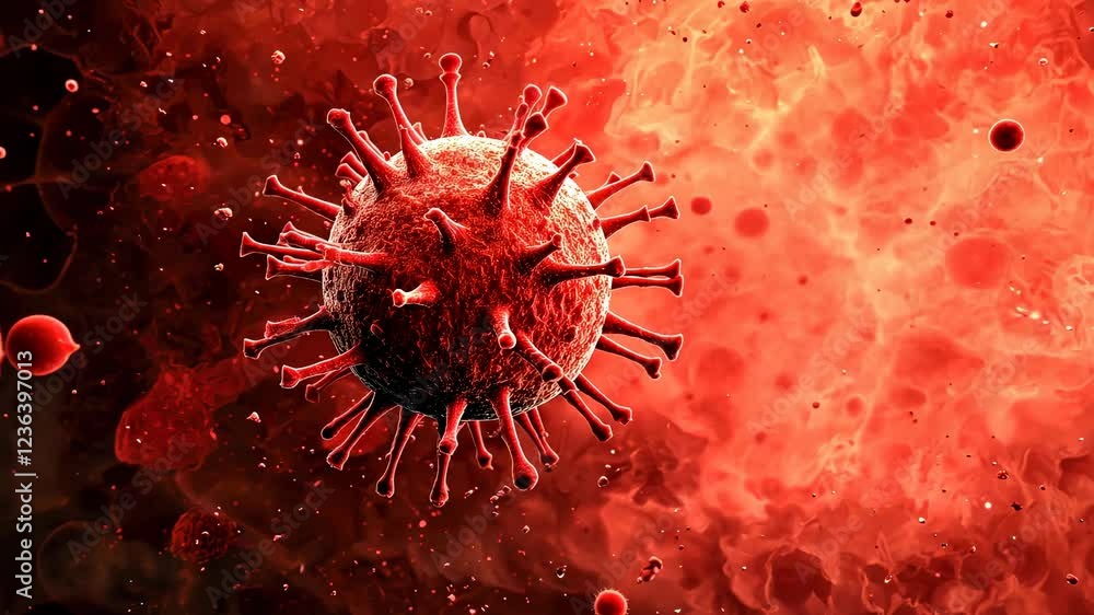 Poster a close-up view of a virus in a vibrant red background, illustrating the structure and potential imp