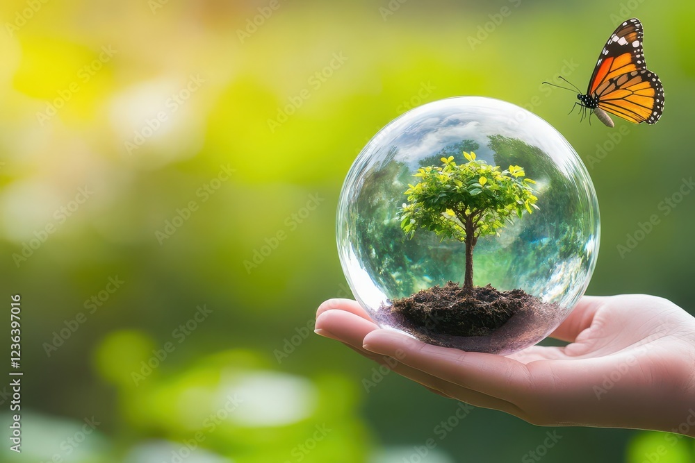 Aufkleber a hand holding a glass sphere capturing the essence of nature with a tree inside symbolizing growth 