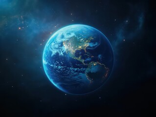 Glowing Blue Planet Illuminated by Vibrant City Lights in a Vast Cosmic Space Creating an Awe Inspiring Scene of Urban Life and Natural Beauty