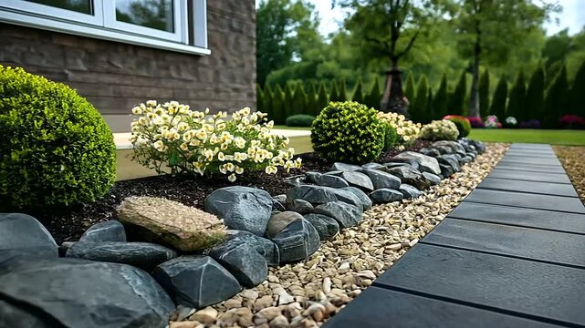 An elegant outdoor patio with piles of river stones and gravel bordering flower beds, adding a natural aesthetic and functional touch to the landscaping.