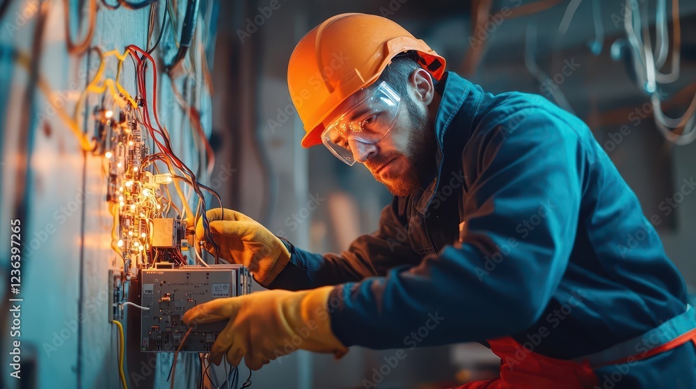 Poster Focused Man Illuminating Wall with Bright Light Bulb While Engaged in Creative Home Improvement Project Showcasing Skill and Dedication to Craft