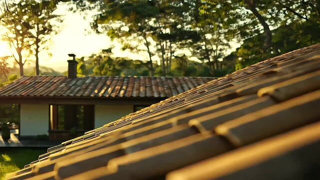 Clay roofing tiles arranged in a tidy pile exude a warm, natural charm under the golden daylight, their earthy tones resonating with the outdoor surroundings.