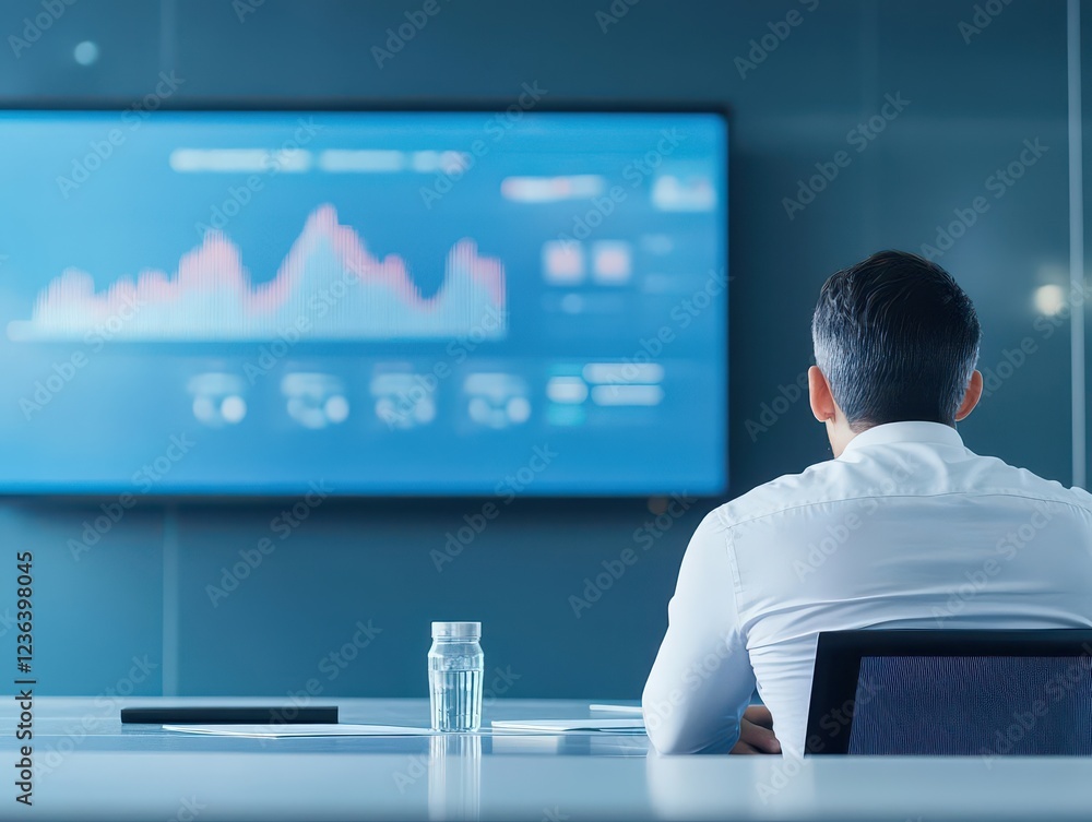 Poster focused man engaged in work at modern desk surrounded by technology with television displaying vibra