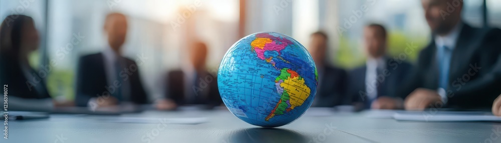 Aufkleber A Detailed View of a Globe on a Table Surrounded by People Engaging in Conversation Creating a Lively and Informative Atmosphere in a Room