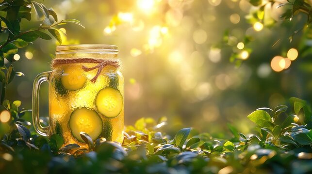 Refreshing cucumber drink in mason jar outdoors at sunset - Powered by Adobe