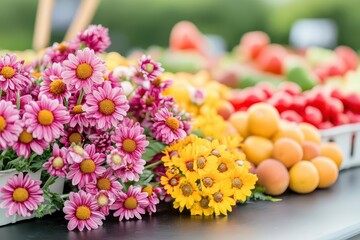 Obraz premium Vibrant Display of Fresh Flowers and Seasonal Fruits at a Lively Farmers Market Creating a Colorful and Inviting Atmosphere for Shoppers and Locals