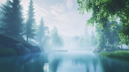 Obraz premium A Tranquil Scene of a Foggy Lake Surrounded by Trees and Lush Greenery