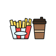 Drink and fried fries set food icon in flat style, featuring a refreshing beverage in a cup with a straw and a crispy serving of golden french fries.