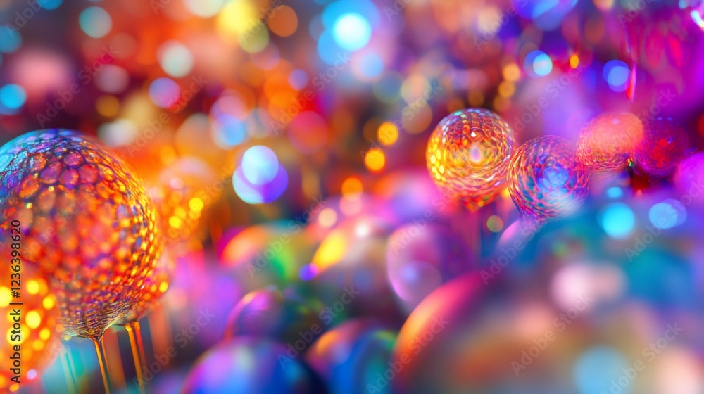 Poster abstract image of colorful spherical shapes with vibrant light bokeh background