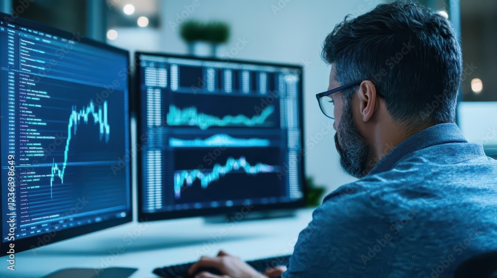 Poster focused man engaged in computer work amidst a modern office environment surrounded by technology and