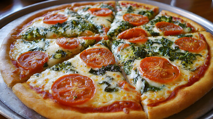 Broccoli pizza with tomatoes, basil, and a gluten-free crust.