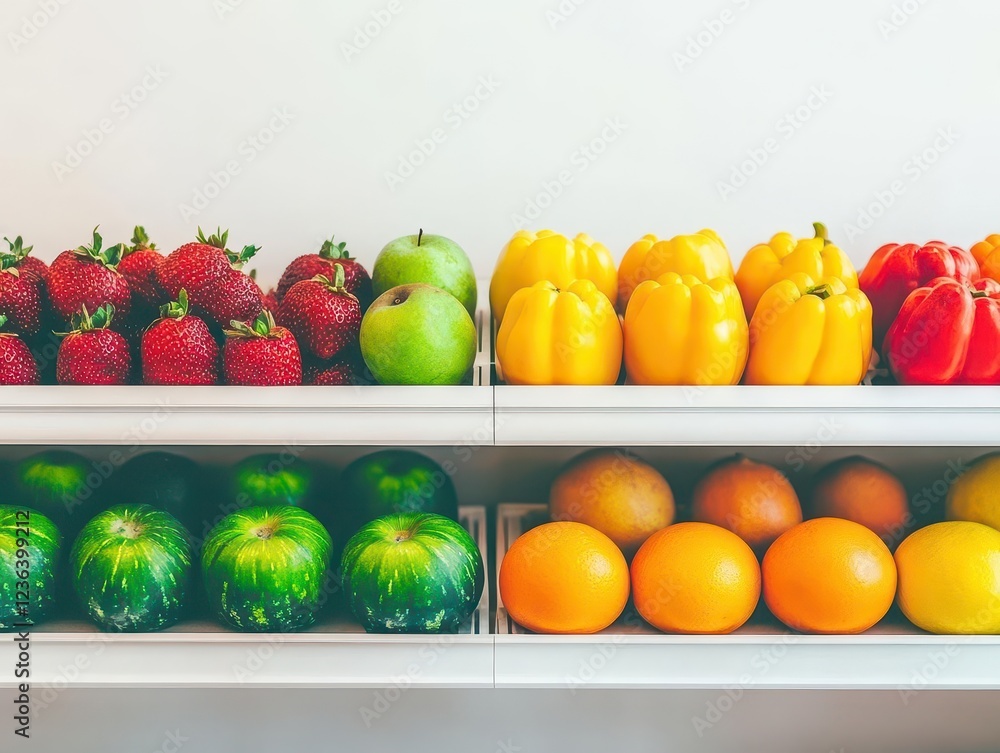 Aufkleber vibrant display of fresh fruits and vegetables on shelves in a market setting highlighting organic c