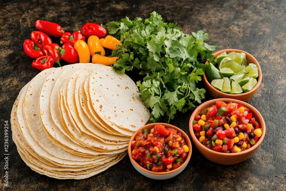 Poster a colorful plate of tacos garnished with fresh salsa and accompaniments served on a rustic wooden ta