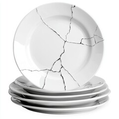 Cracked White Dinner Plates Stacked in Neat Arrangement on a Bright Background for Modern Design Aesthetics and Unique Tableware Display