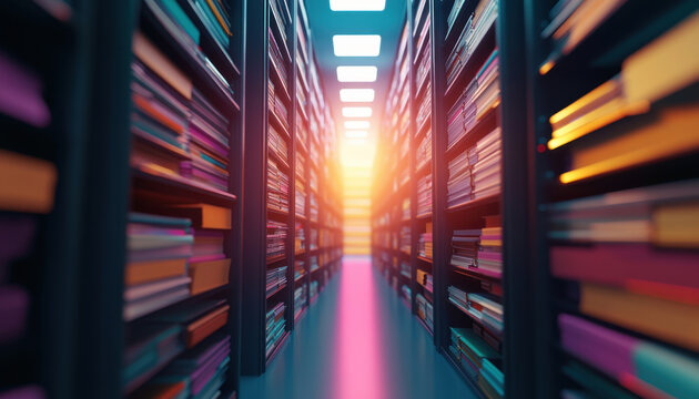 virtual filing cabinet filled with colorful folders and documents, creating vibrant and organized workspace. warm light at end adds sense of depth and tranquility