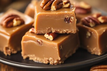 National nutty fudge Day May 12  silky butterscotch fudge stacked on a dark ceramic plate, each square topped with glossy, toasted pecans