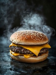 Delicious food photography of a hamburger with cheese, set against a dark background. Smoke and steam are rising from the burger, creating a captivating food advertisement. 