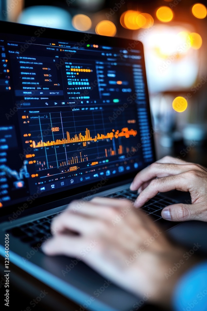 Poster analyzing financial data trends office workspace digital report modern environment close-up view aim
