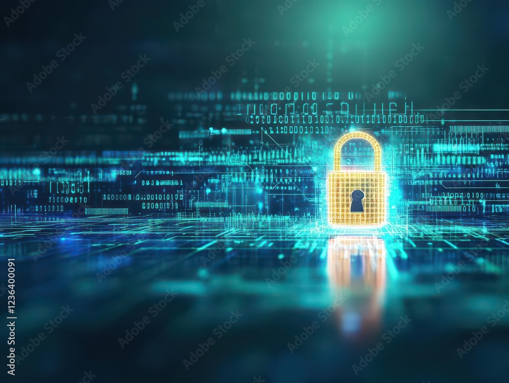 Poster A Lock Embedded in a Complex Digital Circuit Symbolizing Security and Technology in a Modern Digital Environment with Intricate Connections and Patterns