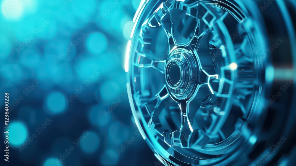 Poster Close Up of a Gleaming Metal Wheel Showcasing Intricate Design and Craftsmanship Highlighting Strength and Precision in Industrial Engineering
