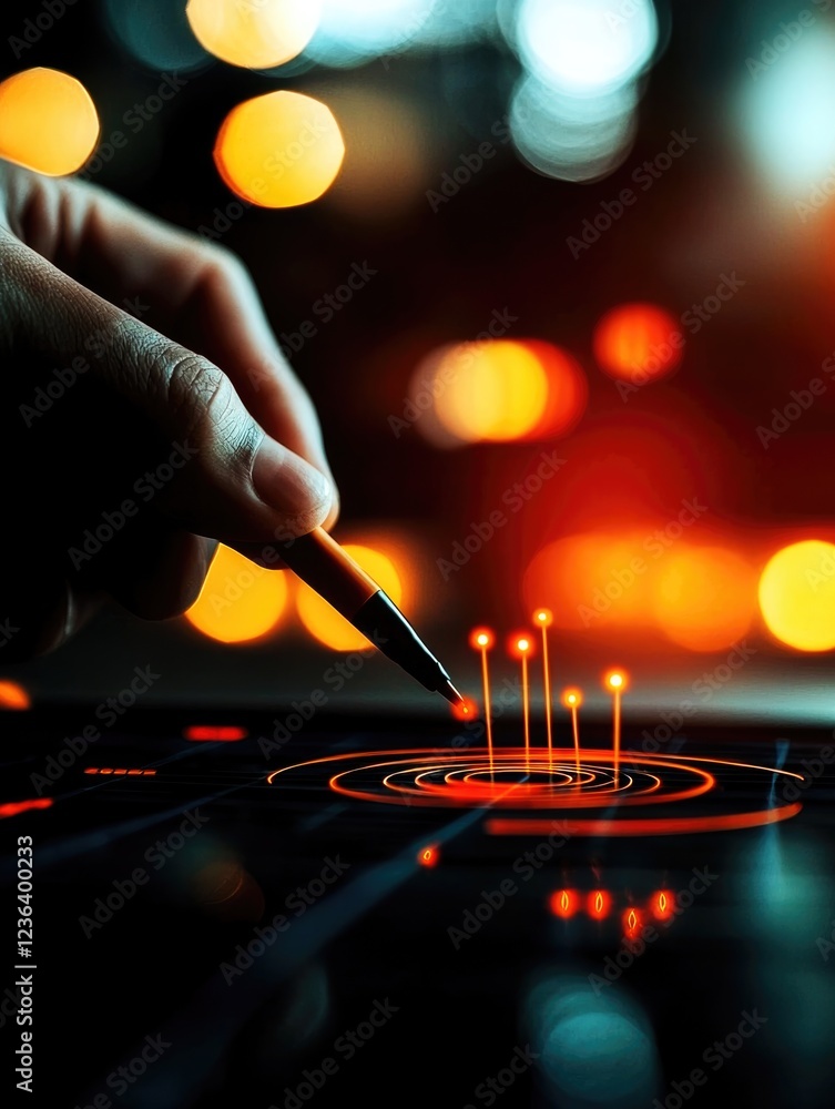 Poster aiming for precision digital interaction modern workspace graphic design close-up view technology in