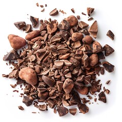 Obraz premium Mixed Chocolate Pieces and Cocoa Beans on White Background