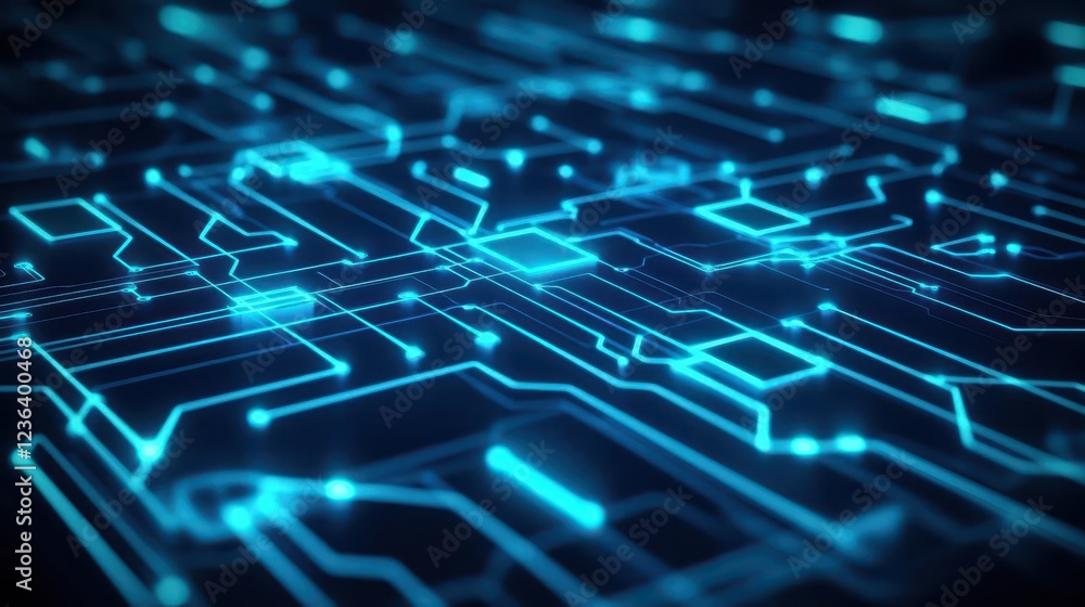 Poster Intricate Circuit Board Design Illuminated by Soft Blue Lights Creating a High-Tech Ambience Perfect for Technology and Innovation Themes and Concepts