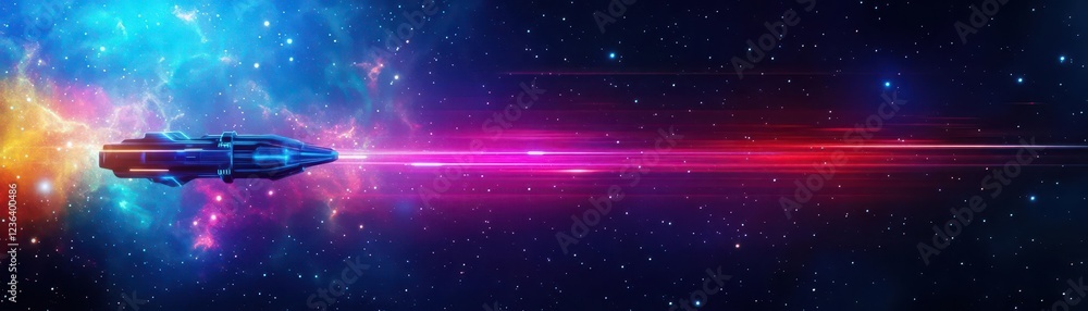 Poster Futuristic Spaceship Gliding Through a Colorful Nebula in Vast Cosmic Expanse Evoking Wonder and Adventure in an Ethereal Outer Space Scene