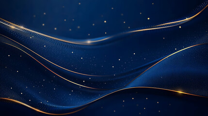 Blue luxury background with golden line, blue curve, shiny dots and glitter light effect. Elegant style design. Luxury dark blue background with halftone gold line curved and lighting effect