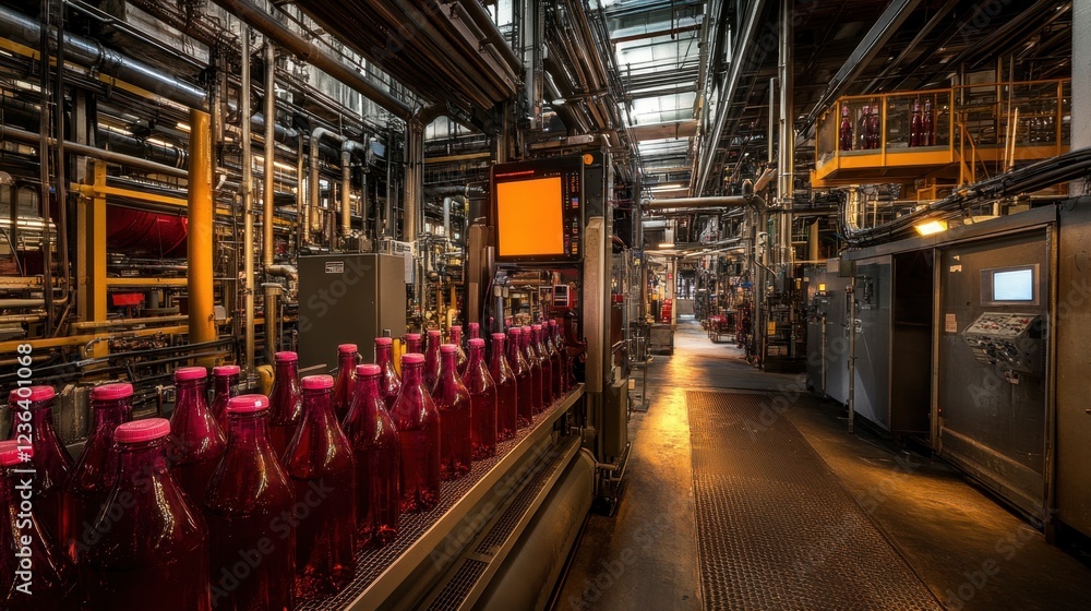 Poster a beverage factory with automated bottling machines filling soda and juice bottles.