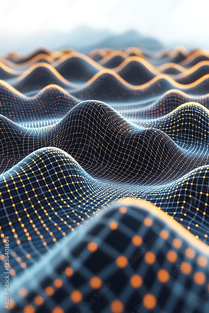 Poster Abstract representation of dynamic waves with glowing grid patterns