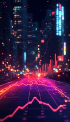 Fototapeta premium Financial Data Screen With Stock Market Data, Rising Chart Trend Lines And City Lights Bokeh Effect
