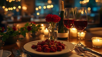 Romantic restaurant dinner, candlelight, wine, roses