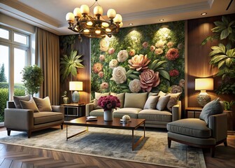 Modern Living Room with Intricate Floral Wall Detail