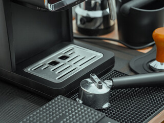 Coffee shop business. Bar counter and various equipment. shop with coffee making equipment, close-up corner of grinding coffee, measuring water. Ground coffee caffeine for drink work or mornings 