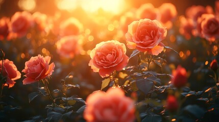 A rose garden illuminated by golden evening light