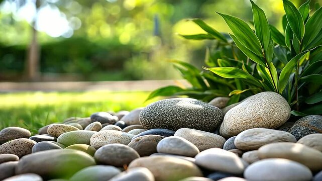 Piles of smooth river stones and gravel arranged in a beautifully landscaped outdoor garden, blending seamlessly with lush greenery and decorative plants, showcasing their versatil
