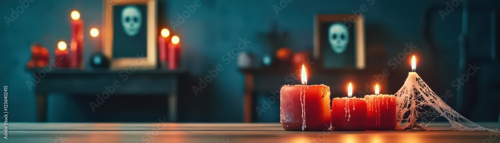 Poster spooky candle with ghost face design illuminating a dark room creating an eerie atmosphere perfect f
