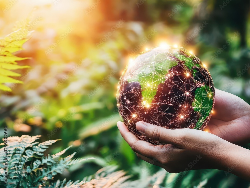 Poster A Hand Gracefully Holding a Sphere Featuring a Dynamic Network Design Symbolizing Connectivity and Technology in a Modern Artistic Context