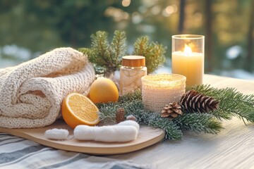 A cozy spa setup in a wooded setting, featuring a warm blanket, citrus slices, candles, and pine cones.