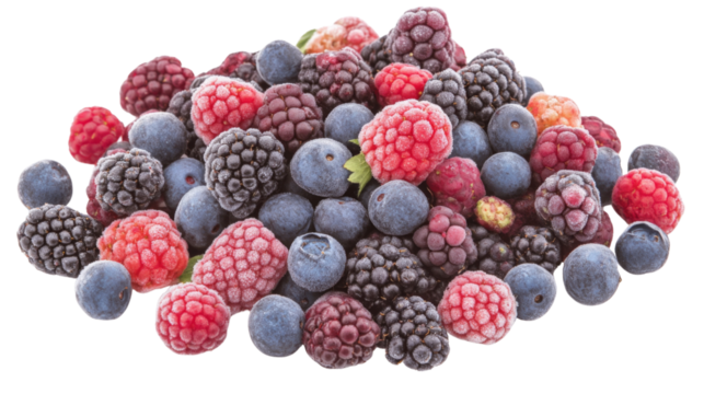Frozen mixed berries isolated on transparent background, showing freshness and flavor