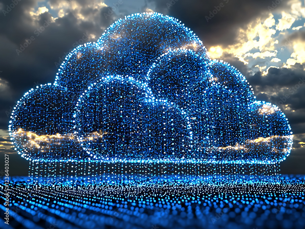Poster stunning abstract cloud computing concept. glowing blue network data streams form a cloud against a 