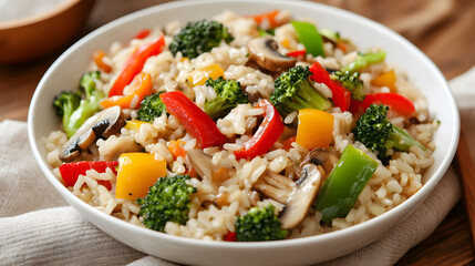 Broccoli rice stir fry with bell peppers and mushrooms.
