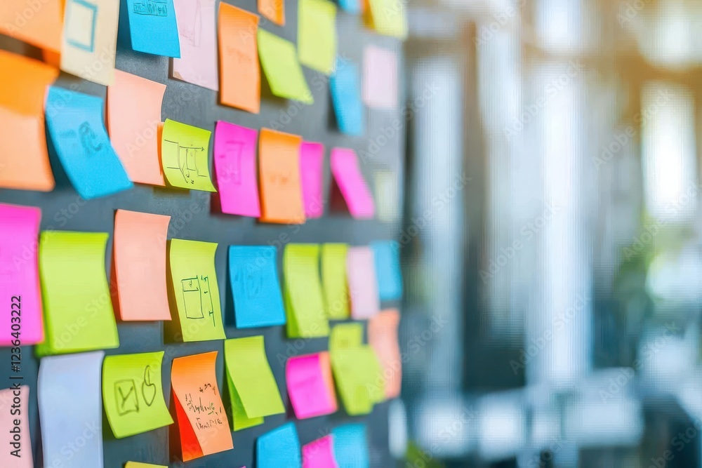 Poster Colorful Sticky Notes Affixed to a Wall Creating an Organized Yet Playful Workspace Environment for Enhanced Creativity and Productivity in Any Office