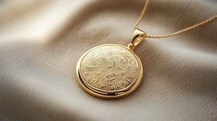 A circular gold locket pendant with intricate engravings, beautifully displayed on a beige velvet cloth, top-down shot.