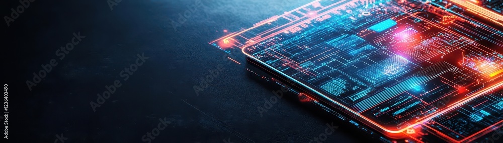 Poster Intricate Close Up of a Circuit Board Illuminated by Striking Red and Blue Lights Creating a Futuristic and Technological Atmosphere in Electronics