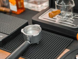 Coffee shop business. Bar counter and various equipment. shop with coffee making equipment, close-up corner of grinding coffee, measuring water. Ground coffee caffeine for drink work or mornings 